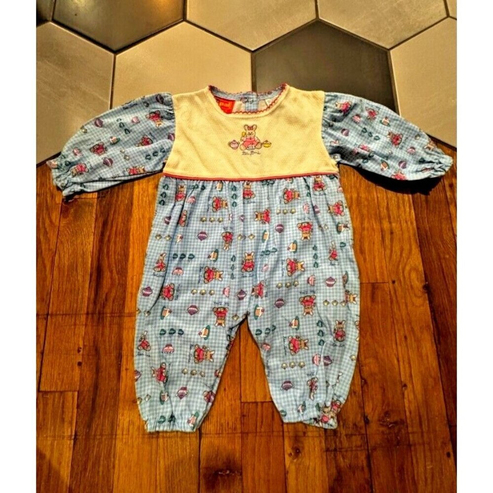 Vintage girls "Tea Time" My Pal 18m embroidered bunny blue gingham romper outfit